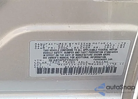 2015 Nissan Sentra Sv из США, поврежденный, VIN 3N1AB7AP5FY252279